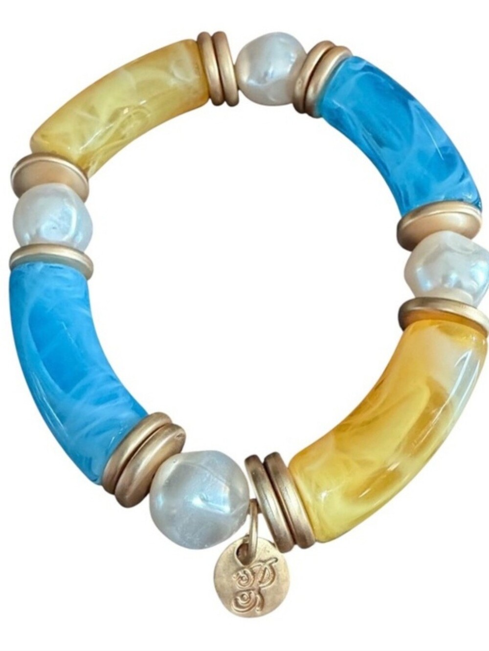 Blue, Yellow and Pearl Accent Stretchy Bracelet